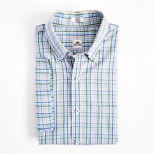 NEW Peter Millar Short Sleeve Shirt Plaid Casual Button Down Blue Green Mens M